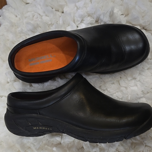 Merrell Emmes Black Leather Mules Padded Insole Black Grip Rubber Sokes 7.5 EUC - Picture 1 of 8